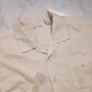 Cubavera Beige Embroidered Polyester Cotton Men's L Short Sleeve Button-Up Shirt